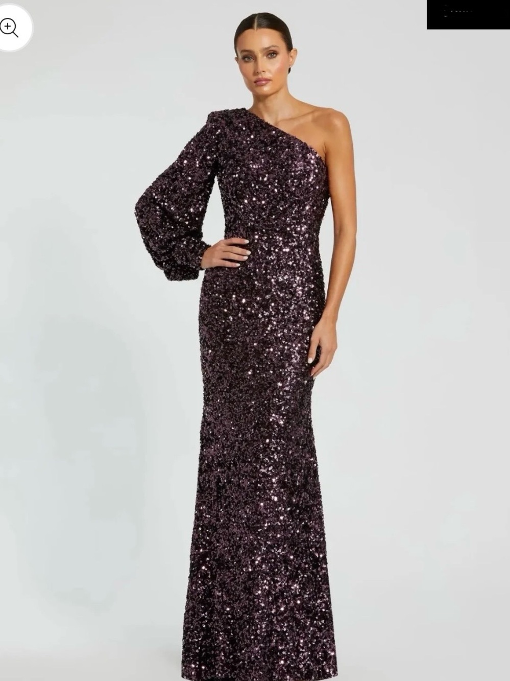 Mac Duggal One-Shoulder Sequined Gown in Plum/Purple/Eggplant. Never worn.